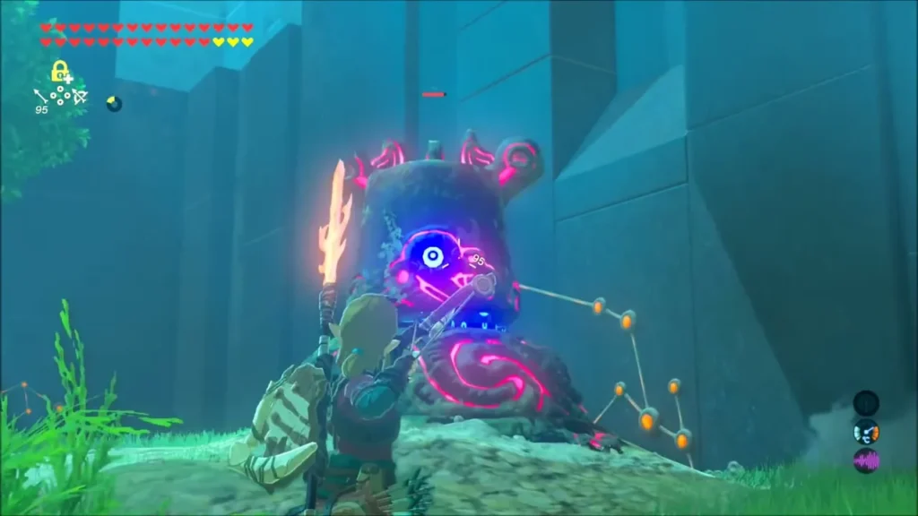 Link drawing a flaming arrow at a Decayed Guardian's glowing blue eye Link drawing a flaming arrow at a Decayed Guardian's glowing blue eye