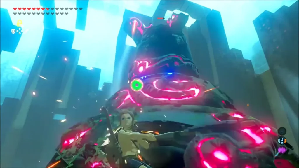 Link thrusting a spear up at a towering Decayed Guardian Link thrusting a spear up at a towering Decayed Guardian