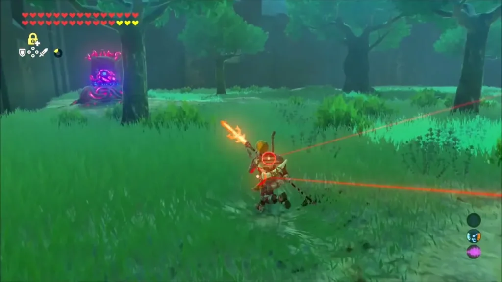 Red targeting beams crossing Link as a Decayed Guardian glows in the trees Red targeting beams crossing Link as a Decayed Guardian glows in the trees