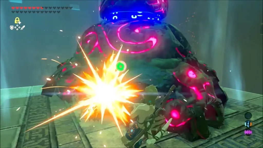 A bright hit spark as Link strikes a Decayed Guardian in melee A bright hit spark as Link strikes a Decayed Guardian in melee