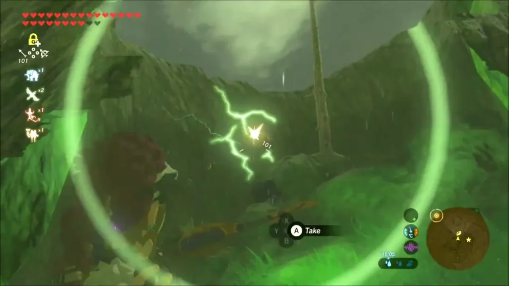 Link's dropped bow lying in the grass beside a crackling Electric Keese with a Take prompt Link's dropped bow lying in the grass beside a crackling Electric Keese with a Take prompt