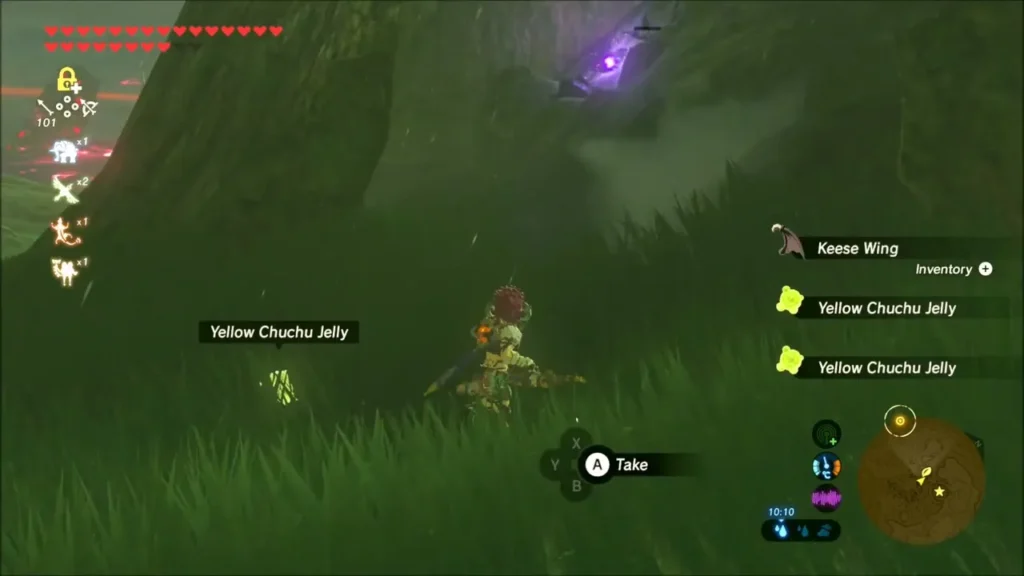 Link collecting Keese Wing and Yellow Chuchu Jelly drops after the fight Link collecting Keese Wing and Yellow Chuchu Jelly drops after the fight