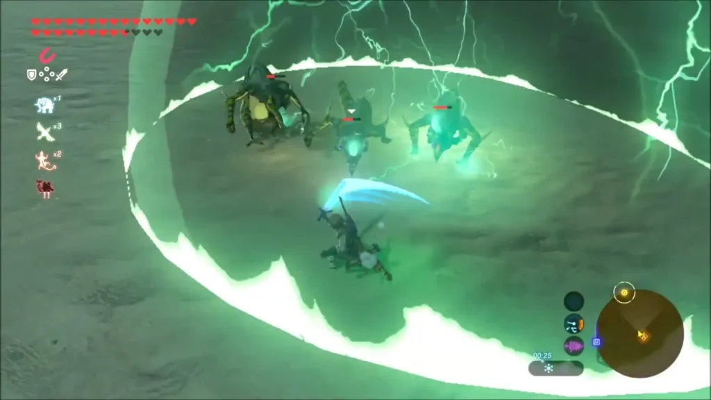 Electric discharge ring arcing outward around Link and three Lizalfos Electric discharge ring arcing outward around Link and three Lizalfos