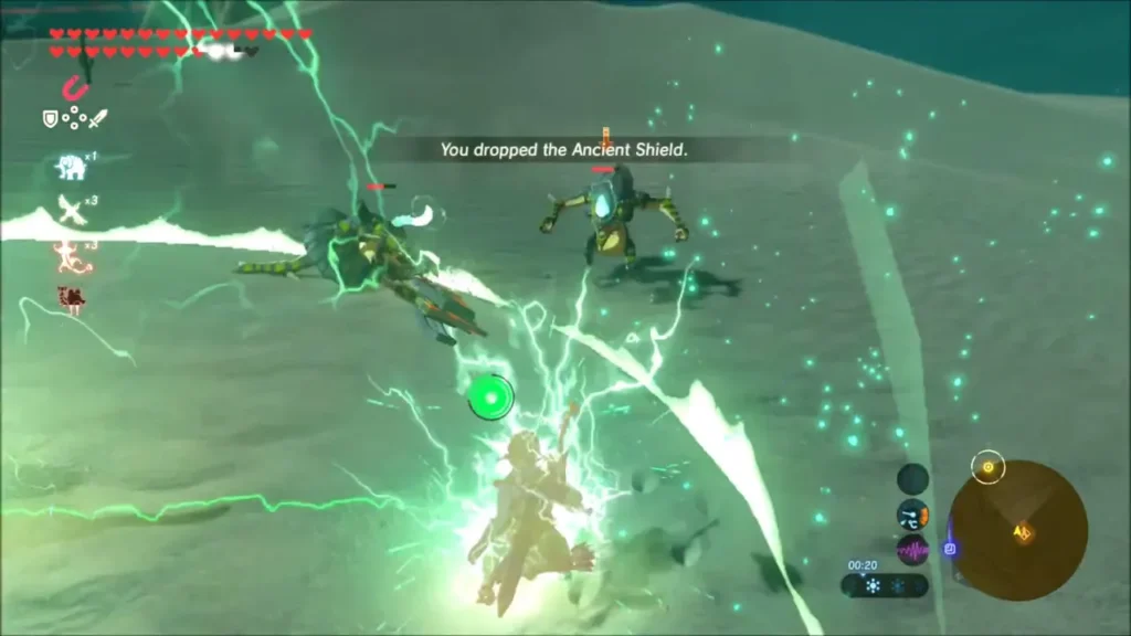 Lightning surrounds Link as a message says he dropped the Ancient Shield Lightning surrounds Link as a message says he dropped the Ancient Shield