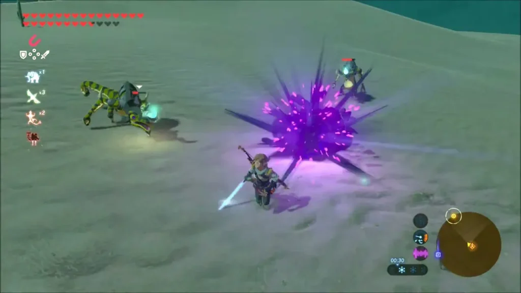 Link facing a yellow Electric Lizalfos beside a dark malice burst Link facing a yellow Electric Lizalfos beside a dark malice burst