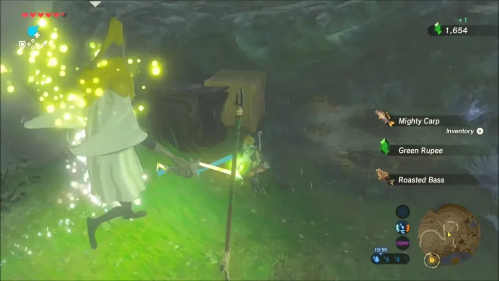 Electric Wizzrobe crackling with yellow sparks beside Link in the rain