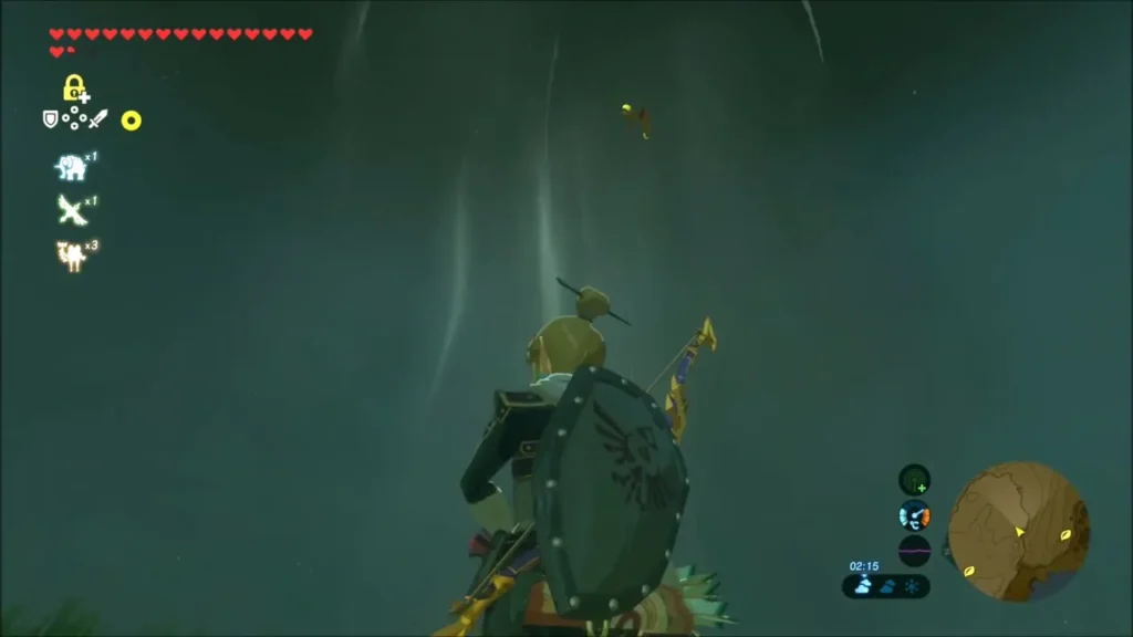 Link looking up at a flaming Fire Keese flying overhead in the rain Link looking up at a flaming Fire Keese flying overhead in the rain
