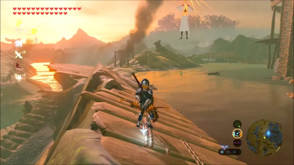 Link drawing his bow on a Fire Wizzrobe hovering above the walkways Link drawing his bow on a Fire Wizzrobe hovering above the walkways