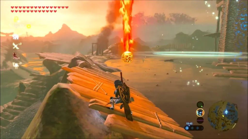 A fireball drops toward Link as he ducks behind a wooden ledge A fireball drops toward Link as he ducks behind a wooden ledge