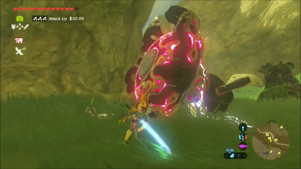 Link striking a grounded Guardian Skywatcher with his sword Link striking a grounded Guardian Skywatcher with his sword