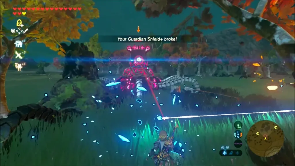 Link's shield deflecting a Guardian Stalker beam in a burst of sparks Link's shield deflecting a Guardian Stalker beam in a burst of sparks