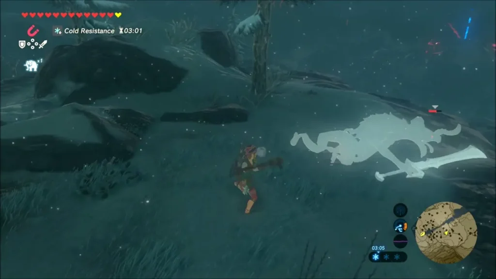 Link stalking a lizalfos in the snow with Cold Resistance active Link stalking a lizalfos in the snow with Cold Resistance active
