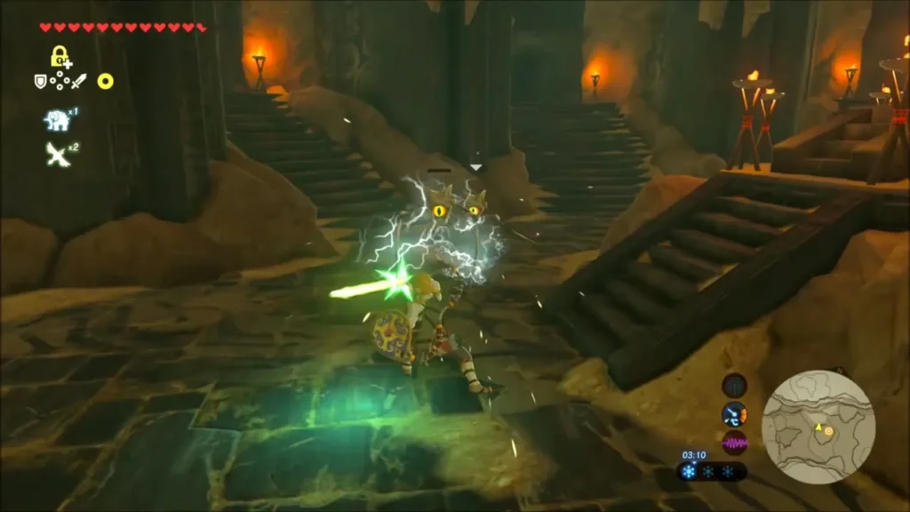 Link slashing a Keese with a shock sword in the Yiga hideout Link slashing a Keese with a shock sword in the Yiga hideout
