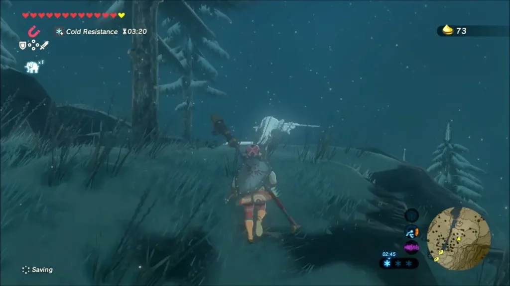 A faint Lizalfos outline stands near a tree on a snowy slope as Link walks past A faint Lizalfos outline stands near a tree on a snowy slope as Link walks past