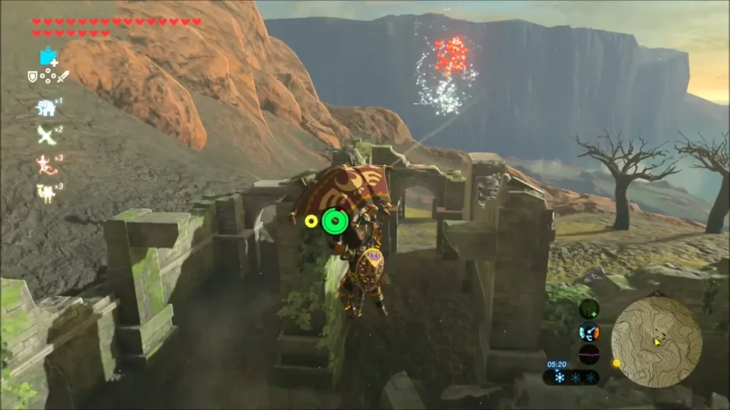 A Meteo Wizzrobe fireball bursting in the sky above ruined walls A Meteo Wizzrobe fireball bursting in the sky above ruined walls