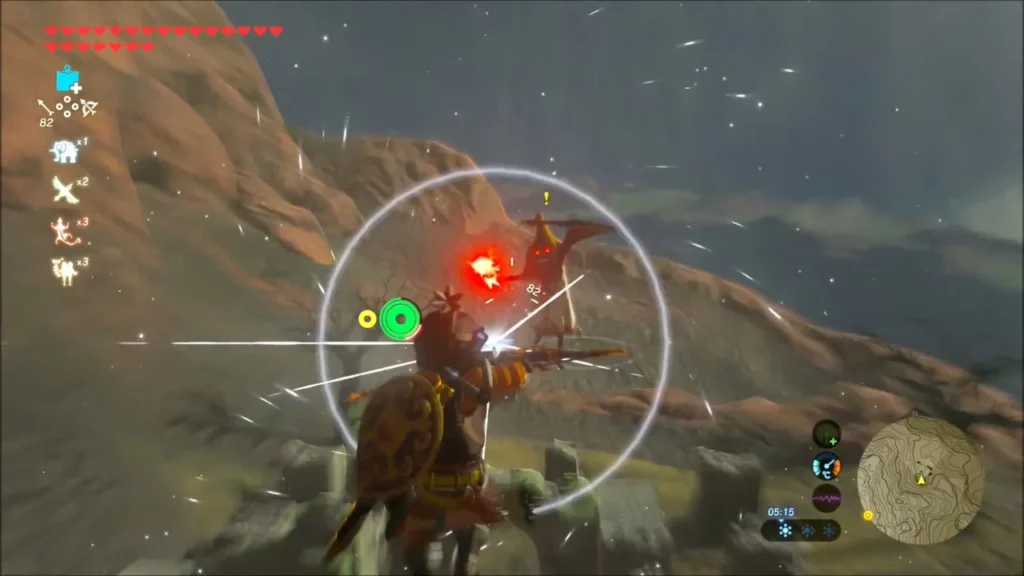 Link aiming a bow at a red Meteo Wizzrobe floating over the ruins Link aiming a bow at a red Meteo Wizzrobe floating over the ruins