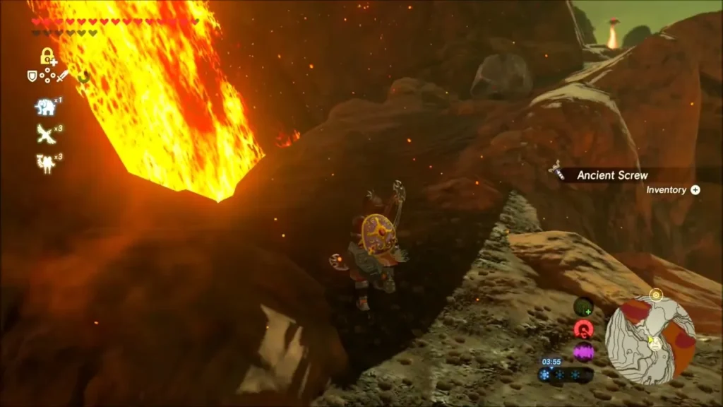 Link picking up an Ancient Screw dropped by the destroyed Sentry