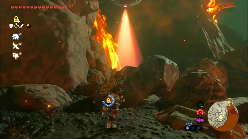 Link waiting beside a boulder as a Sentry's red beam lights the cave