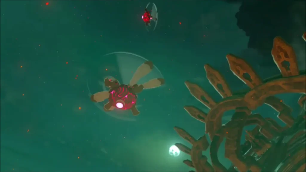 A red Sentry hovering in the dark sky above Death Mountain
