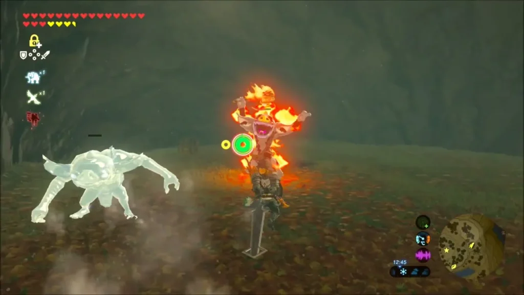Silver Bokoblin with a burning torch head beside a frozen one Silver Bokoblin with a burning torch head beside a frozen one