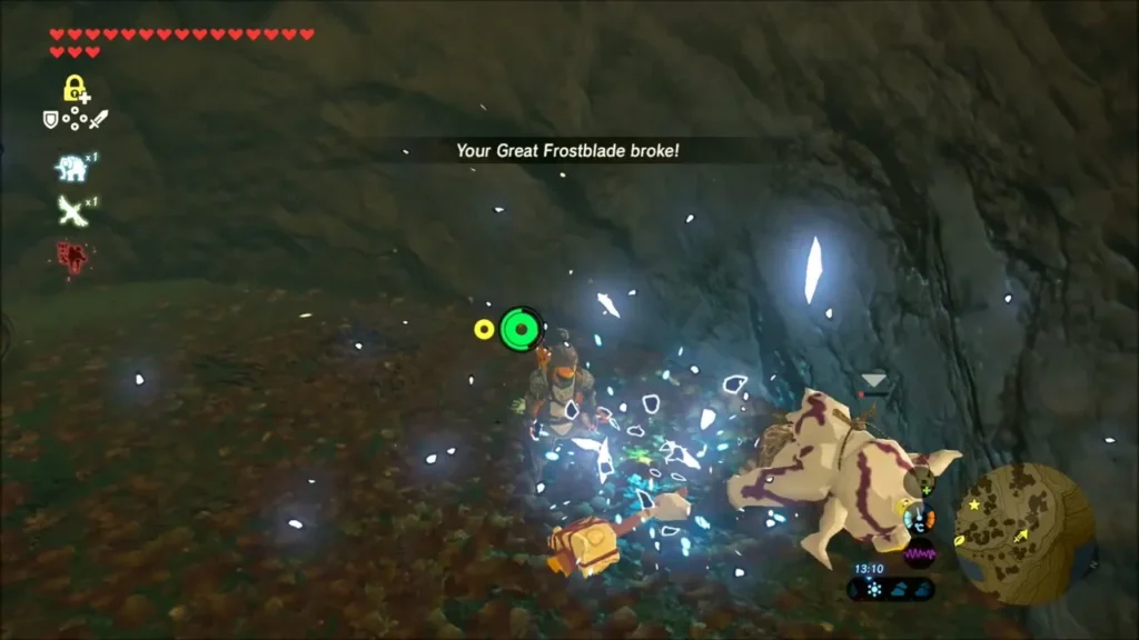 Link's Great Frostblade breaking while a Silver Bokoblin is knocked down Link's Great Frostblade breaking while a Silver Bokoblin is knocked down