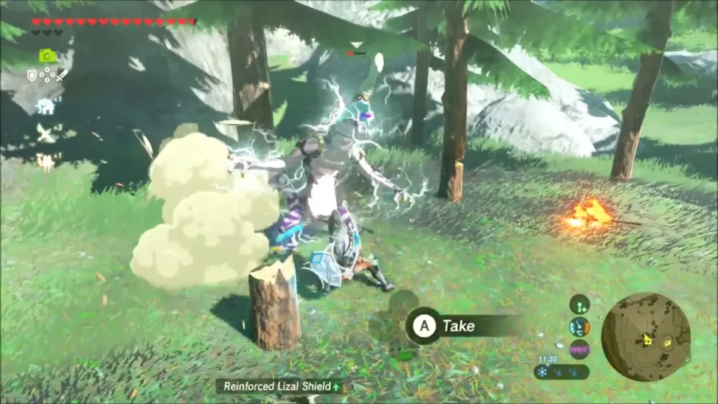 Link striking a silver lizalfos, sparks of lightning around it Link striking a silver lizalfos, sparks of lightning around it