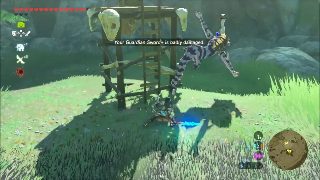 A silver lizalfos flung through the air beside a monster lookout A silver lizalfos flung through the air beside a monster lookout
