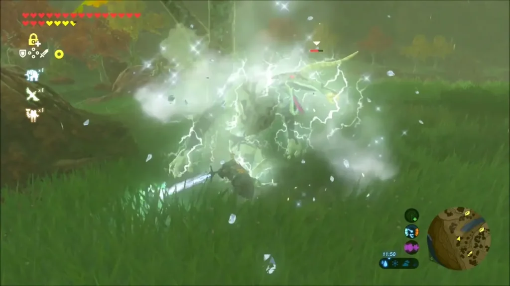 Link striking a Silver Moblin with a shock-charged weapon Link striking a Silver Moblin with a shock-charged weapon