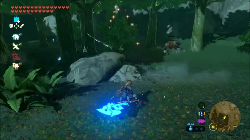 Link dodging sideways as the Yiga Blademaster charges through the forest Link dodging sideways as the Yiga Blademaster charges through the forest