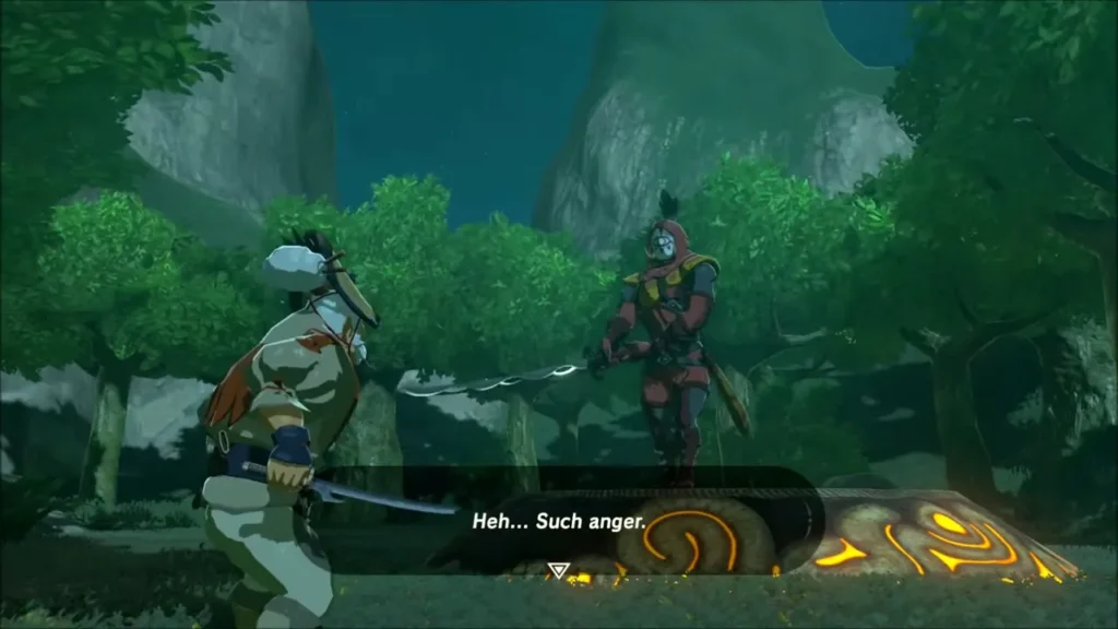 Yiga Blademaster with Windcleaver raised facing Dorian in the forest Yiga Blademaster with Windcleaver raised facing Dorian in the forest