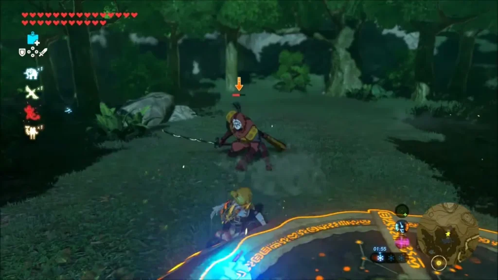 Yiga Blademaster lunging at Link across the clearing Yiga Blademaster lunging at Link across the clearing