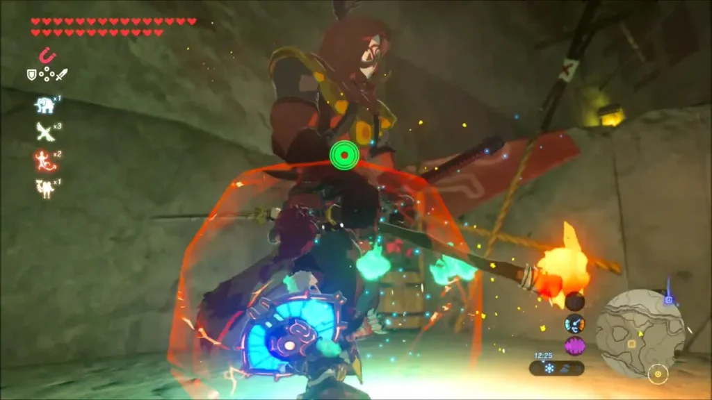 Link parrying a Windcleaver swing with a shield in the Yiga hideout Link parrying a Windcleaver swing with a shield in the Yiga hideout