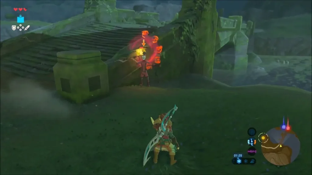 Link aiming a bow at a Yiga Footsoldier ringed with fire on the steps Link aiming a bow at a Yiga Footsoldier ringed with fire on the steps