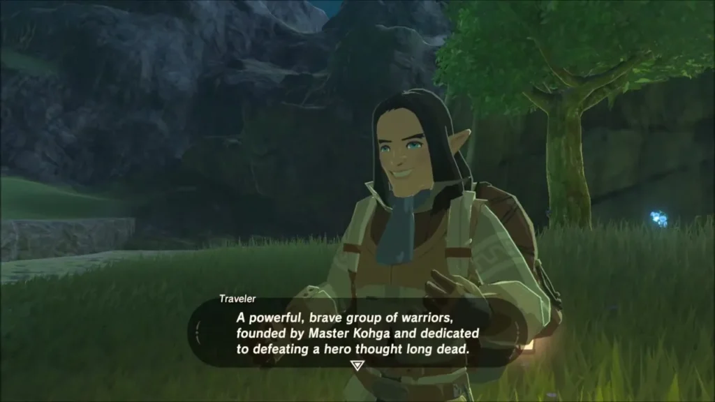 A friendly-looking traveler talking to Link before revealing himself as a Yiga A friendly-looking traveler talking to Link before revealing himself as a Yiga