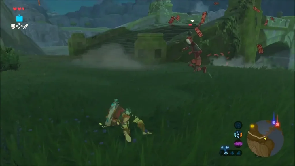 Link dodging sideways as a Yiga Footsoldier rushes in Link dodging sideways as a Yiga Footsoldier rushes in