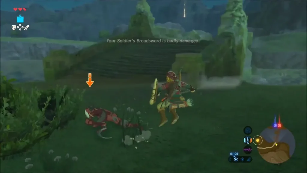 Yiga Footsoldier leaping with a bow near ancient stairs Yiga Footsoldier leaping with a bow near ancient stairs
