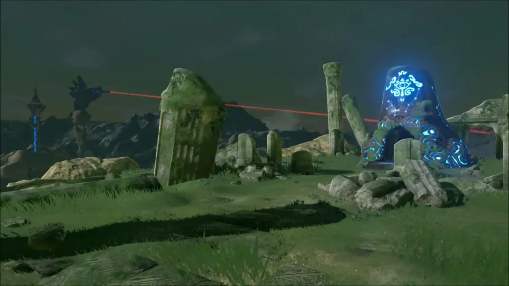 Toppled stone pillars with a Guardian Stalker watching from the ridge Toppled stone pillars with a Guardian Stalker watching from the ridge