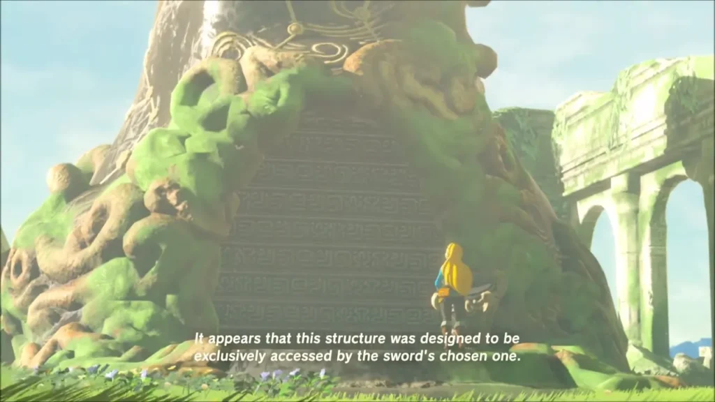 Zelda before the mossy shrine wall in the Ancient Columns memory Zelda before the mossy shrine wall in the Ancient Columns memory