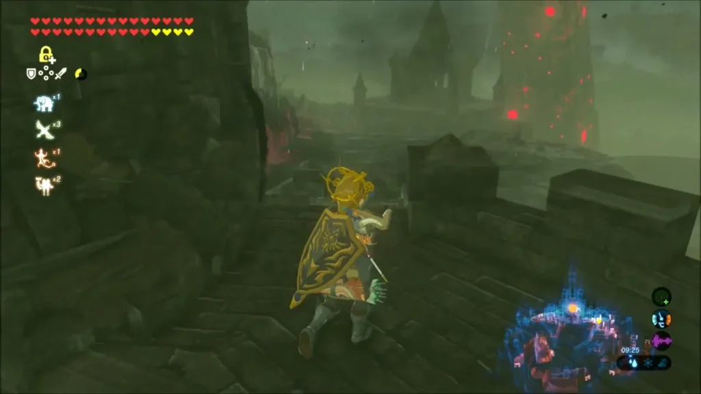 Link crossing a ruined castle walkway toward the dark spires of Hyrule Castle Link crossing a ruined castle walkway toward the dark spires of Hyrule Castle