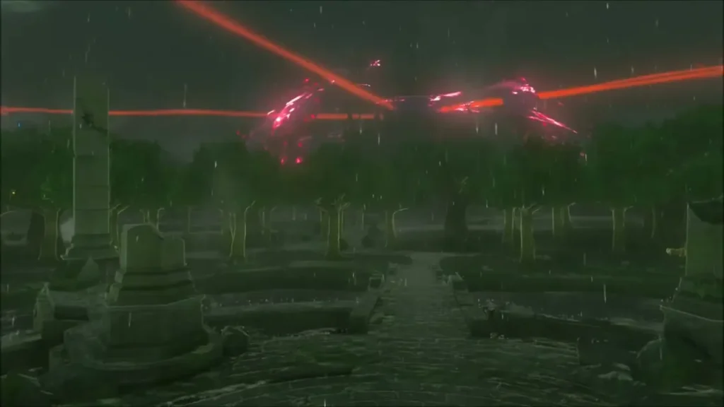 Guardian red lasers sweeping over the rainy pillar ruins around the dais Guardian red lasers sweeping over the rainy pillar ruins around the dais