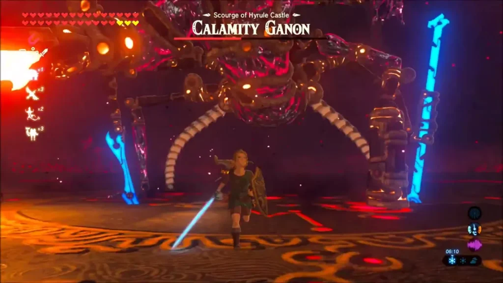 Link facing Calamity Ganon in the arena with the Master Sword drawn Link facing Calamity Ganon in the arena with the Master Sword drawn