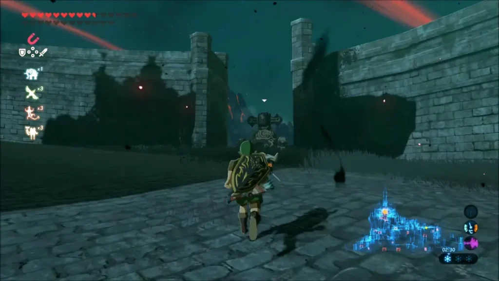 Link running along the castle's outer wall toward a Guardian Link running along the castle's outer wall toward a Guardian