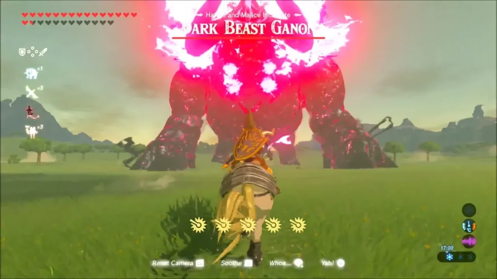 Link on horseback facing Dark Beast Ganon across the field Link on horseback facing Dark Beast Ganon across the field