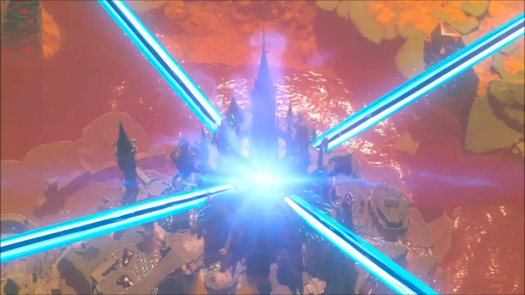 The four Divine Beasts firing beams at Hyrule Castle The four Divine Beasts firing beams at Hyrule Castle