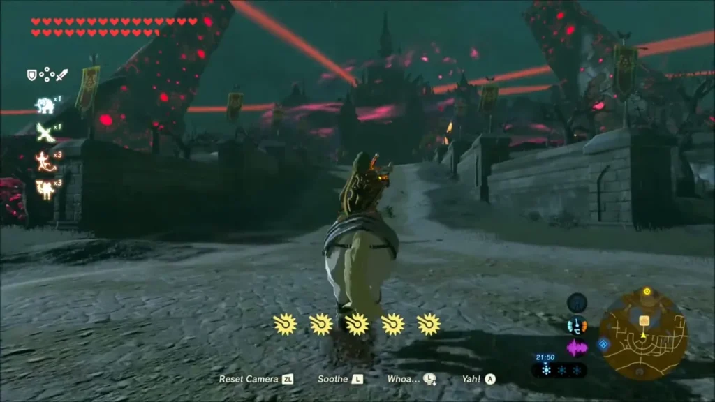 Link riding the main road to Hyrule Castle past Guardian laser beams Link riding the main road to Hyrule Castle past Guardian laser beams
