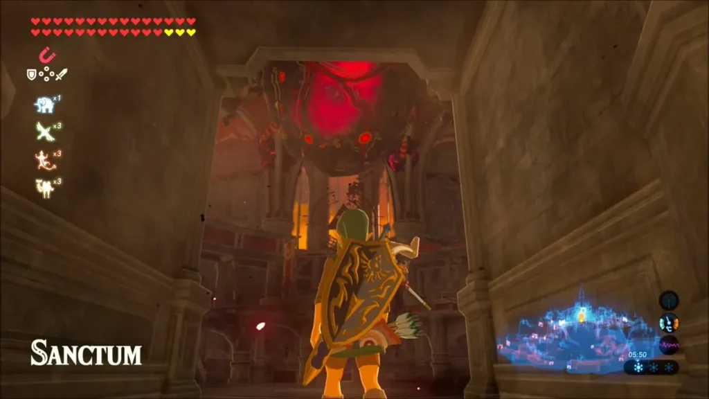 Link at the Sanctum entrance facing the red Malice eye Link at the Sanctum entrance facing the red Malice eye