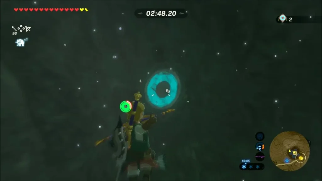 Link aiming a bow at a glowing target ring in the updraft Link aiming a bow at a glowing target ring in the updraft