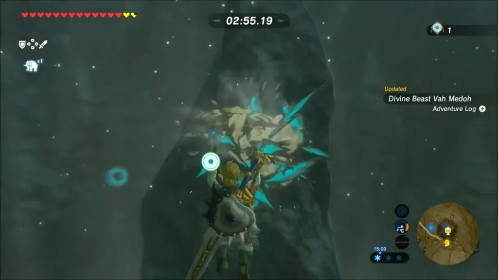 Link shooting an arrow at a target mid-flight, timer running Link shooting an arrow at a target mid-flight, timer running