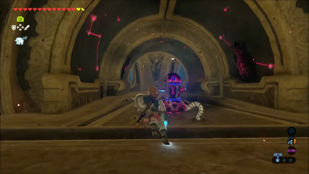 Link running at a Guardian Scout in a long corridor lit by red Malice Link running at a Guardian Scout in a long corridor lit by red Malice