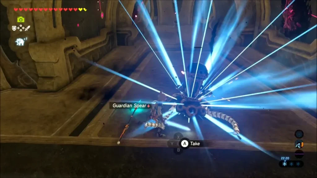 Link defeating the Guardian Scout in a burst of blue light with its spear dropping Link defeating the Guardian Scout in a burst of blue light with its spear dropping